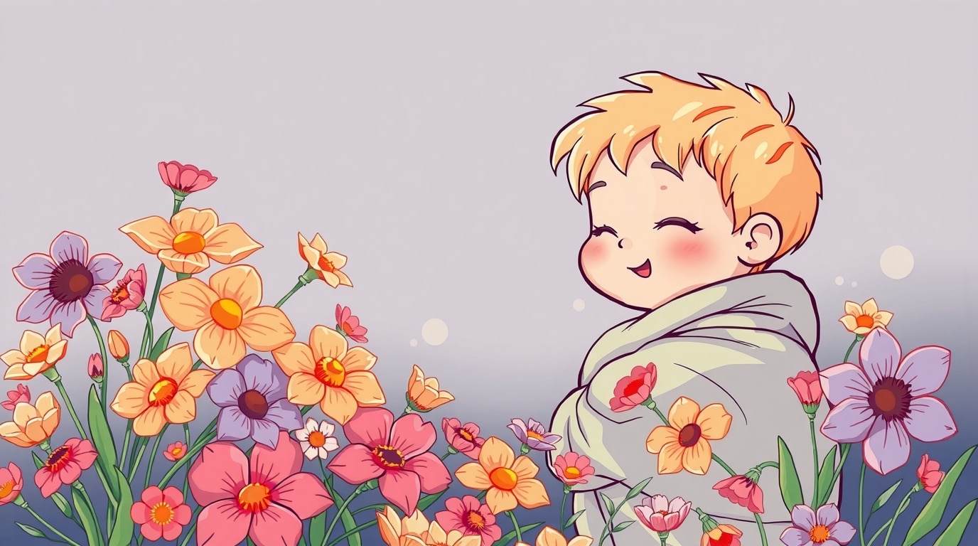 Illustration d'un enfant dans un champ de fleurs
