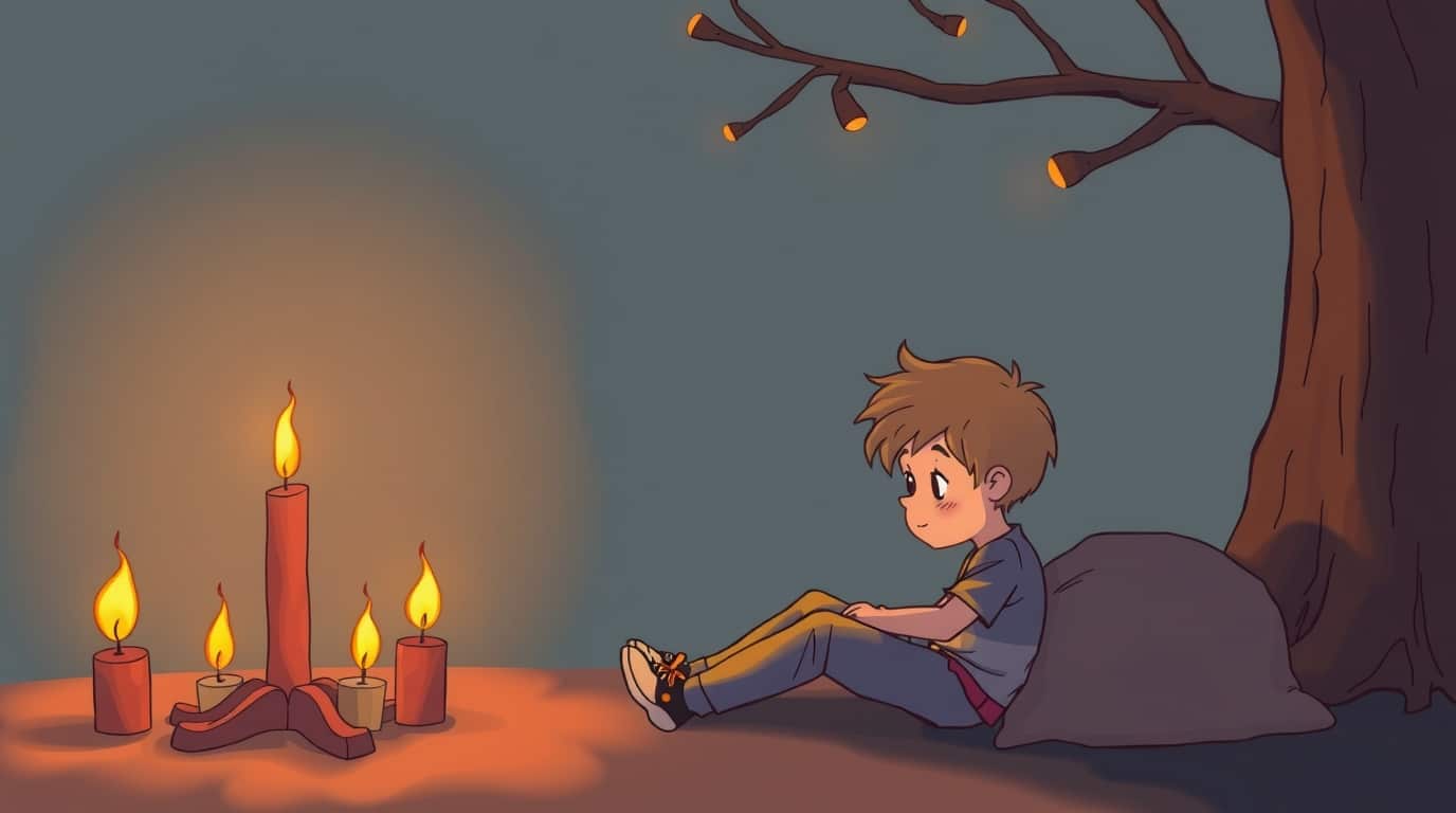 Illustration d'un enfant regardant des bougies