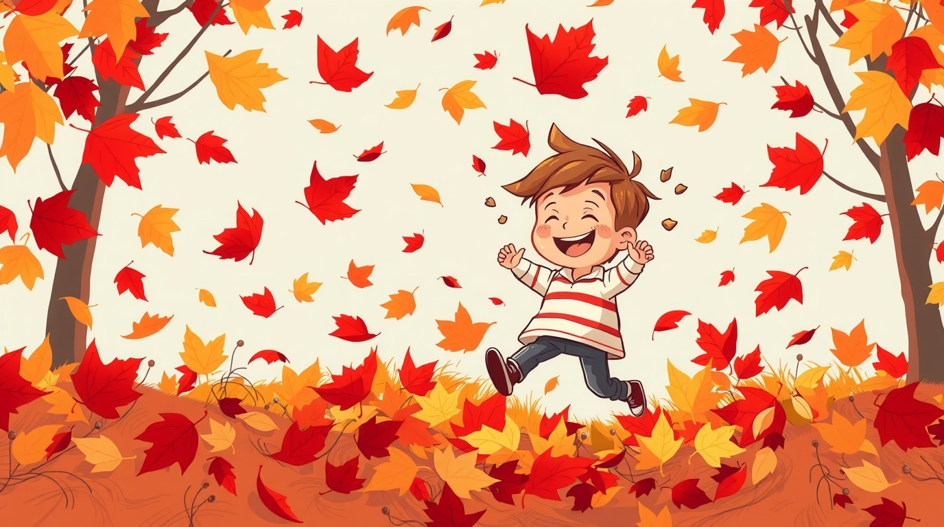 Illustration d'un enfant jouant dans des feuilles d'arbre