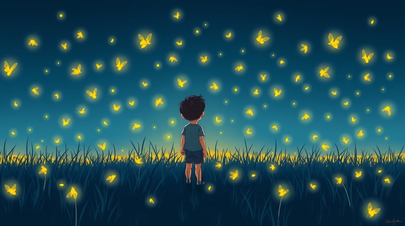 Illustration d'un enfant dans un champ observant des lucioles