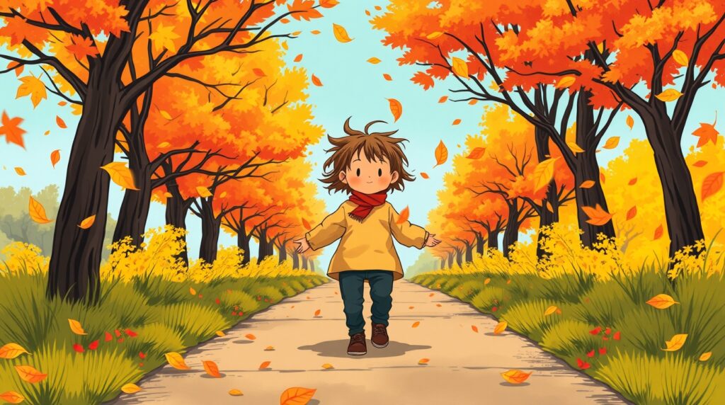 Illustration d'un enfant marchant sur un chemin bordé d'arbres