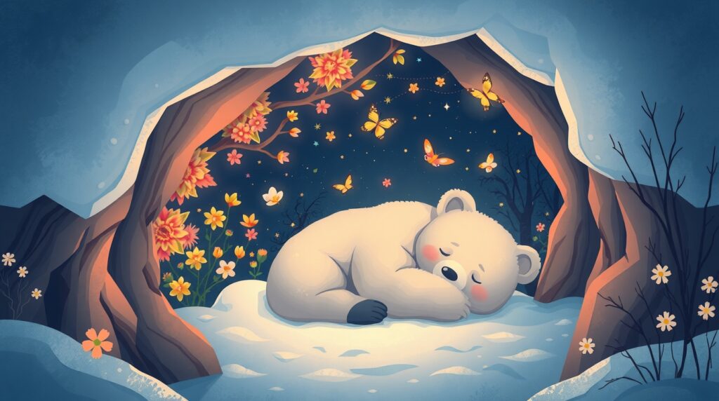 Illustration d'un ours qui dort tout l'hiver dans une caverne