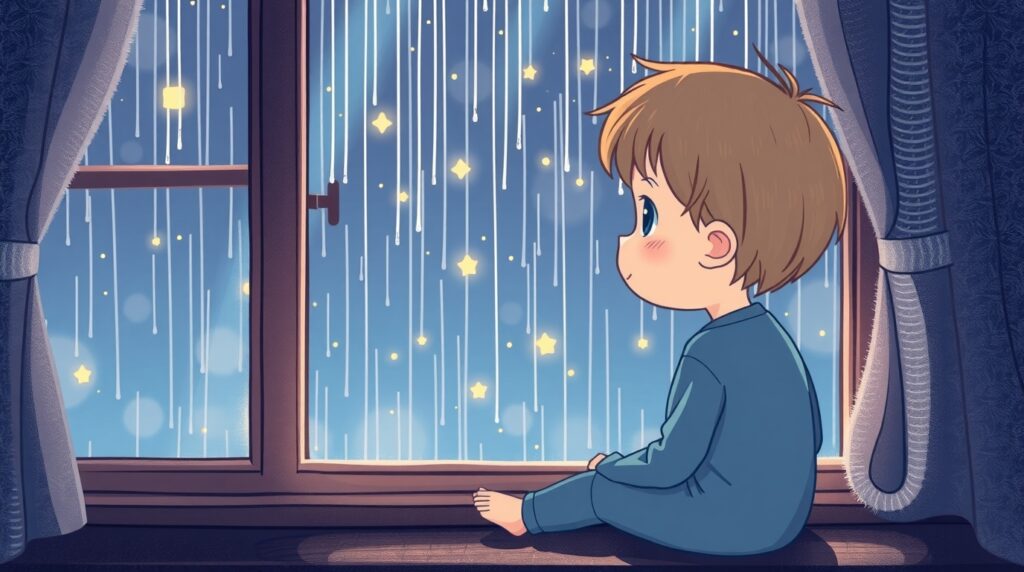 Illustration d'un enfant regardant tomber la pluie