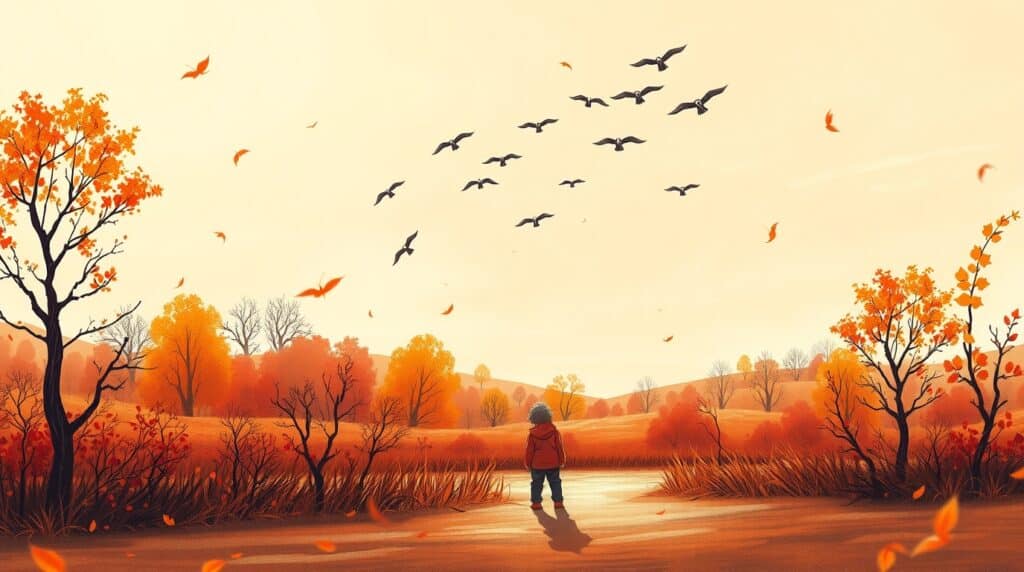 Illustration d'un enfant observant la migration des oiseaux