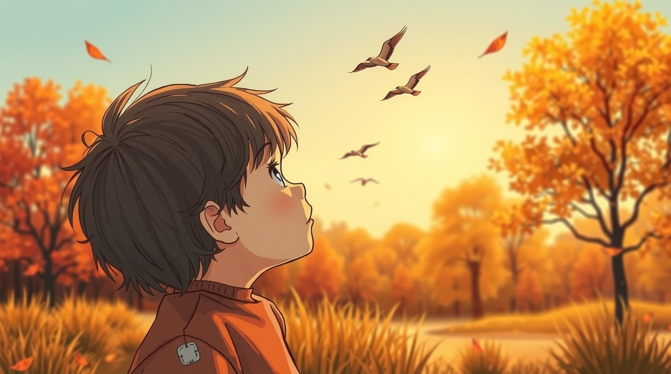 Illustration d'un enfant observant la migration des oiseaux