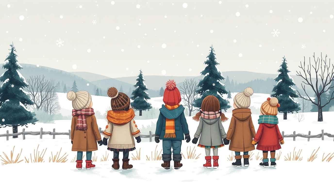 Illustration d'enfants observant la neige tomber