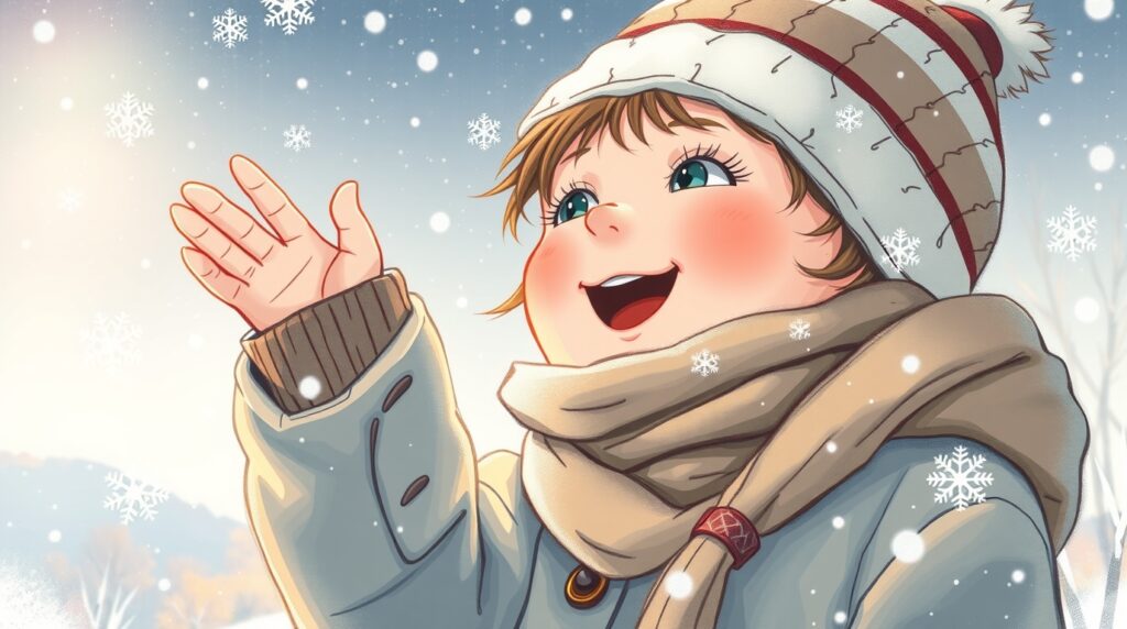 Illustration d'un enfant essayant d'attraper un flocon de neige