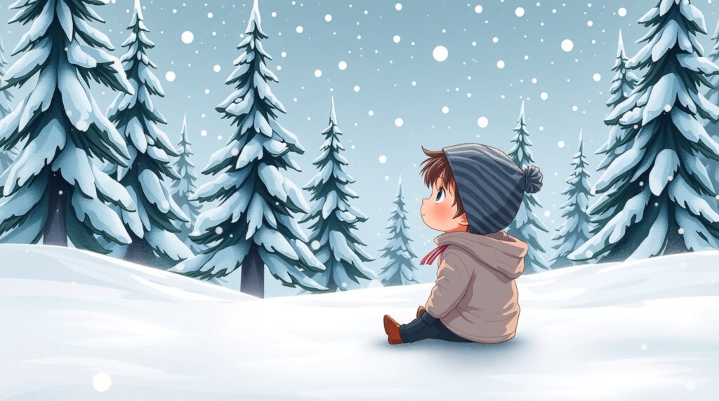 Illustration d'un enfant observant la neige tomber