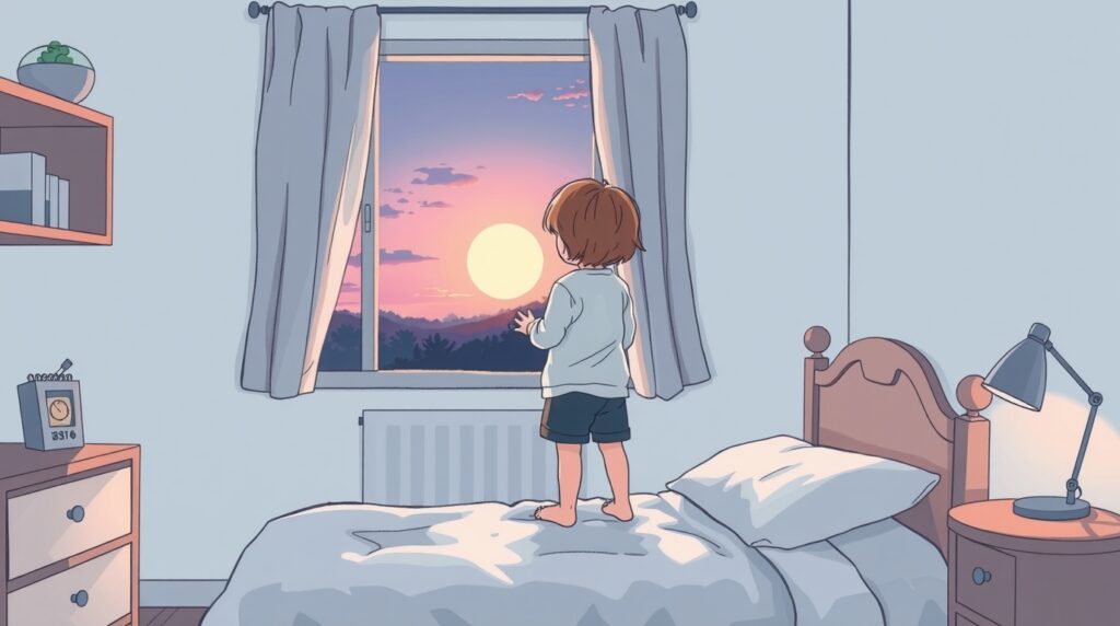 Illustration d'un enfant observant le lever du soleil