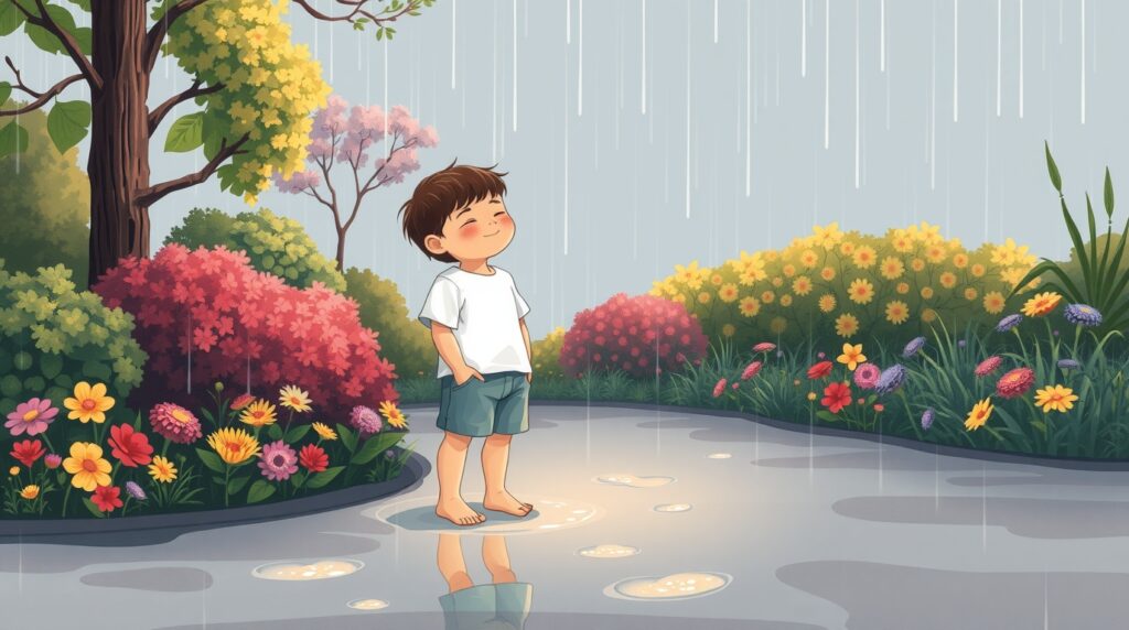 Illustration d'un enfant sentant l'air après la pluie