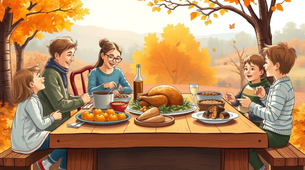 Illustration d'une famille partageant le repas de thanksgiving