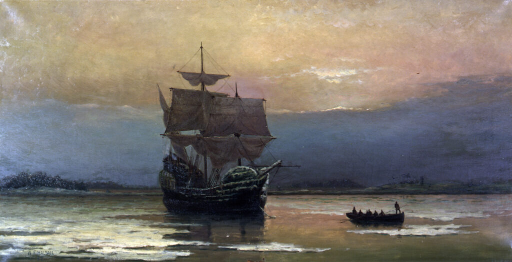 Le Mayflower dans le port de Plymouth peint par William Halsall (1882).