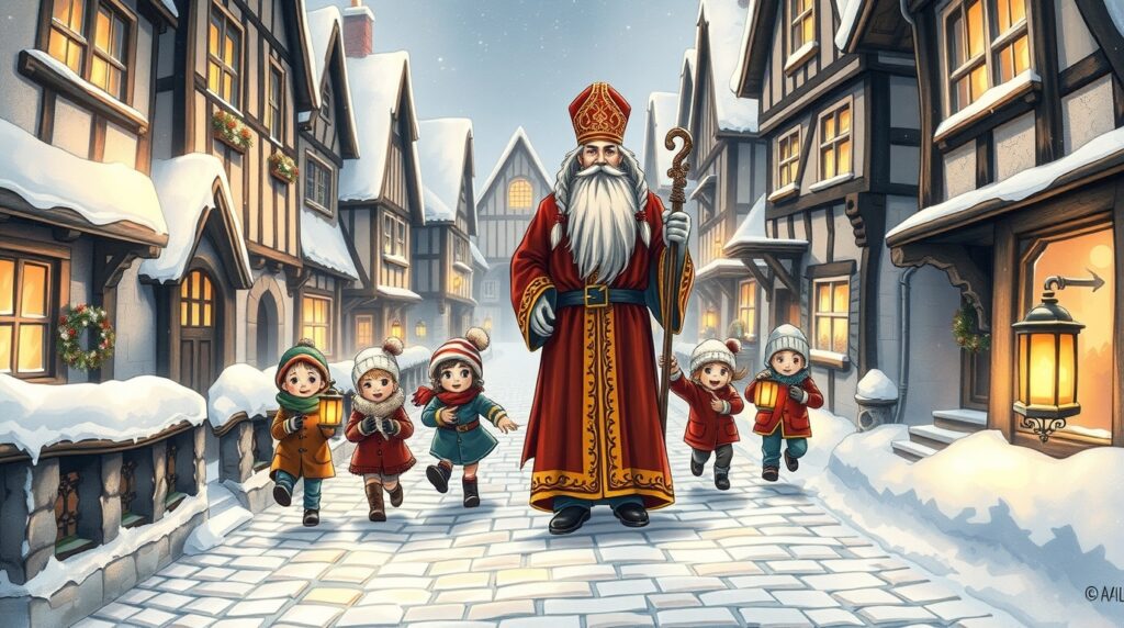 Illustration de saint Nicolas marchant dans un village entouré d'enfants