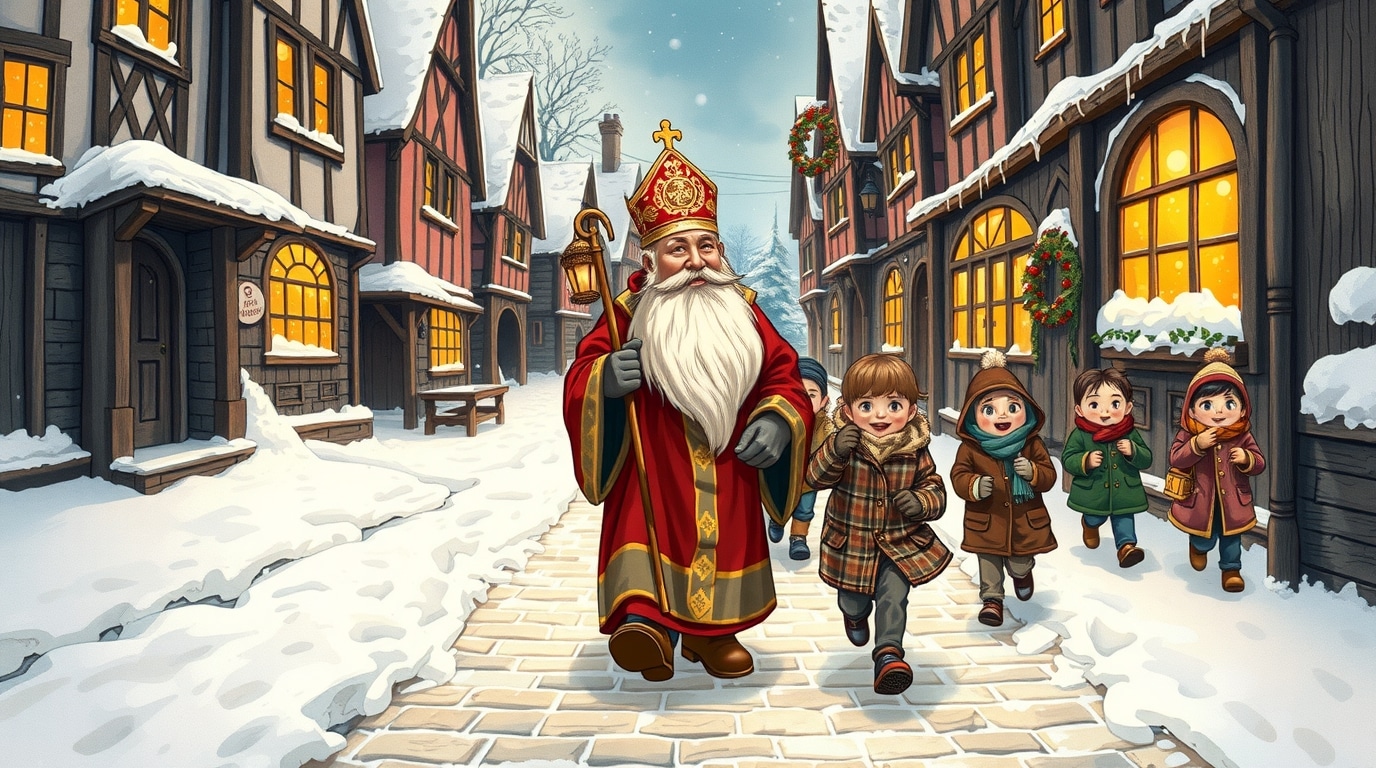 Illustration de saint Nicolas marchant dans un village entouré d'enfants