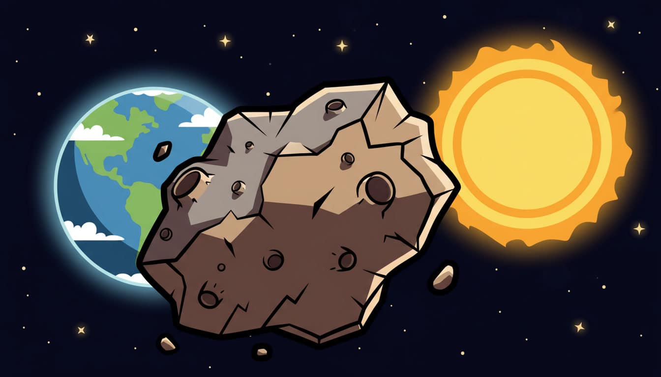 Illustration d'un astéroïde passant devant la Terre et le Soleil