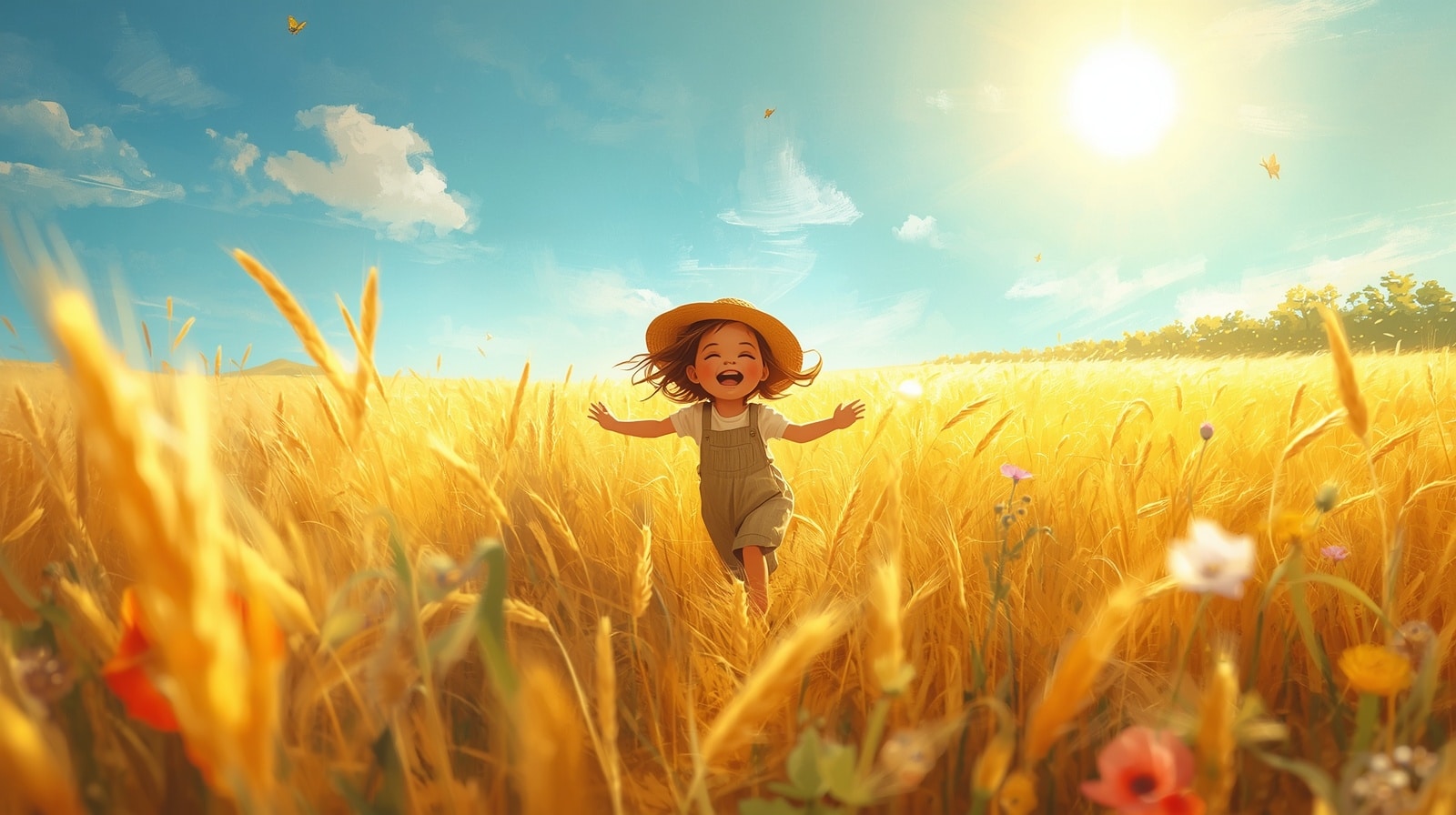 Illustration d'un enfant jouant dans un champ en été