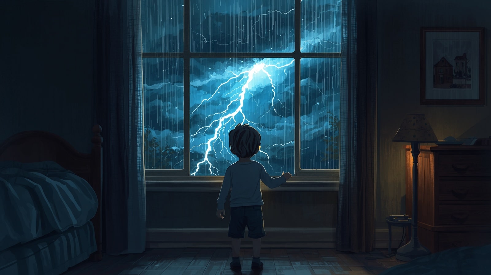 Illustration d'un enfant observant l'orage par la fenêtre