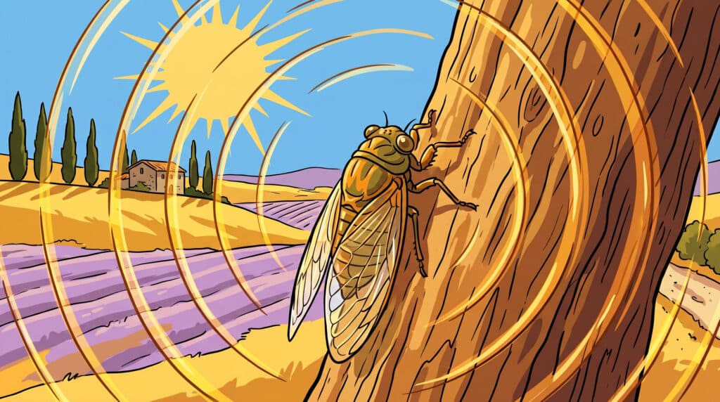 Illustration d'une cigale chantant sur un tronc d'arbre