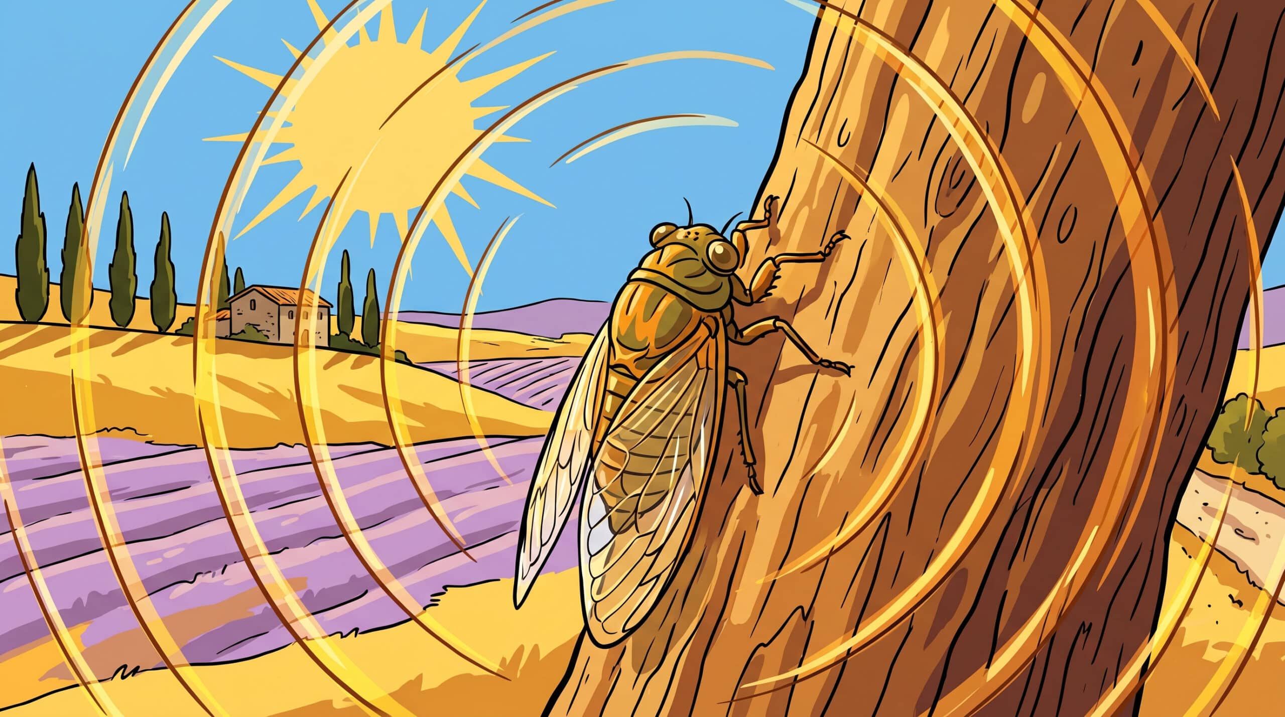Illustration d'une cigale chantant sur un tronc d'arbre